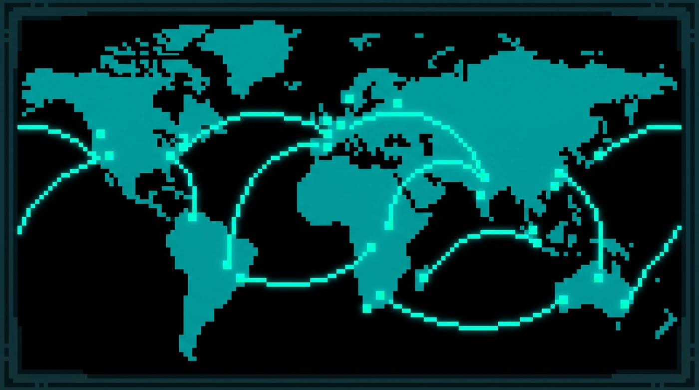 Pixel-art world map of a global marketplace network